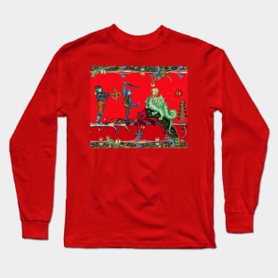 WEIRD MEDIEVAL BESTIARY  WAR, KNIGHTS COMBATTING AGAINST HYBRID DRAGON IN RED Long Sleeve T-Shirt